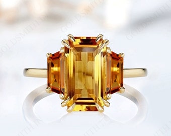 14k Gold Citrine Engagement Ring For Women Multi Gemstone Ring Art Deco Emerald Cut Maderia Citrine Wedding Ring Vintage Unique Bridal Ring
