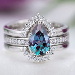 Alexandrite Bridal Ring Set Vintage Alexandrite Engagement Ring Set Women Alexandrite Wedding Ring Set Antique Anniversary Promise Ring Set