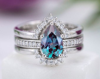 Alexandrite conjunto de anel de noivado vintage alexandrite conjunto de anel de noivado feminino conjunto de anel de casamento antigo aniversário conjunto de anel de promessa