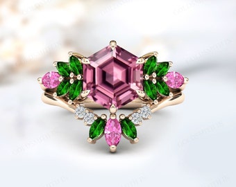 Natural Pink Tourmaline Engagement Ring Set Unique Hexagon Shaped Pink Tourmaline Wedding Ring Set Antique 2 Piece Ring Set Anniversary Gift