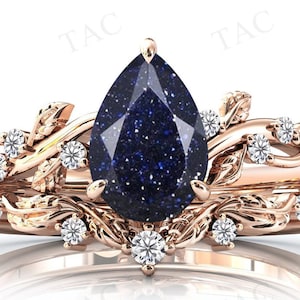 Pear Cut Blue Sandstone Engagement Ring Set Antique Women Wedding Ring Set Blue Gemstone Ring Set Vintage Art Deco Leaf Style Bridal Rings