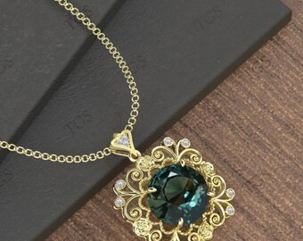 Colgante de zafiro verde azulado que cambia de color para mujer, plata 925, zafiro verde azulado, colgante hecho a mano, diseño único de filigrana, colgante floral, regalo para ella