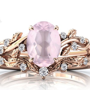 Art Deco Rose Quartz Engagement Ring Set Leaf Style Antique Wedding Ring Set Unique Rose Quartz Bridal Ring Set Anniversary Gift For Women