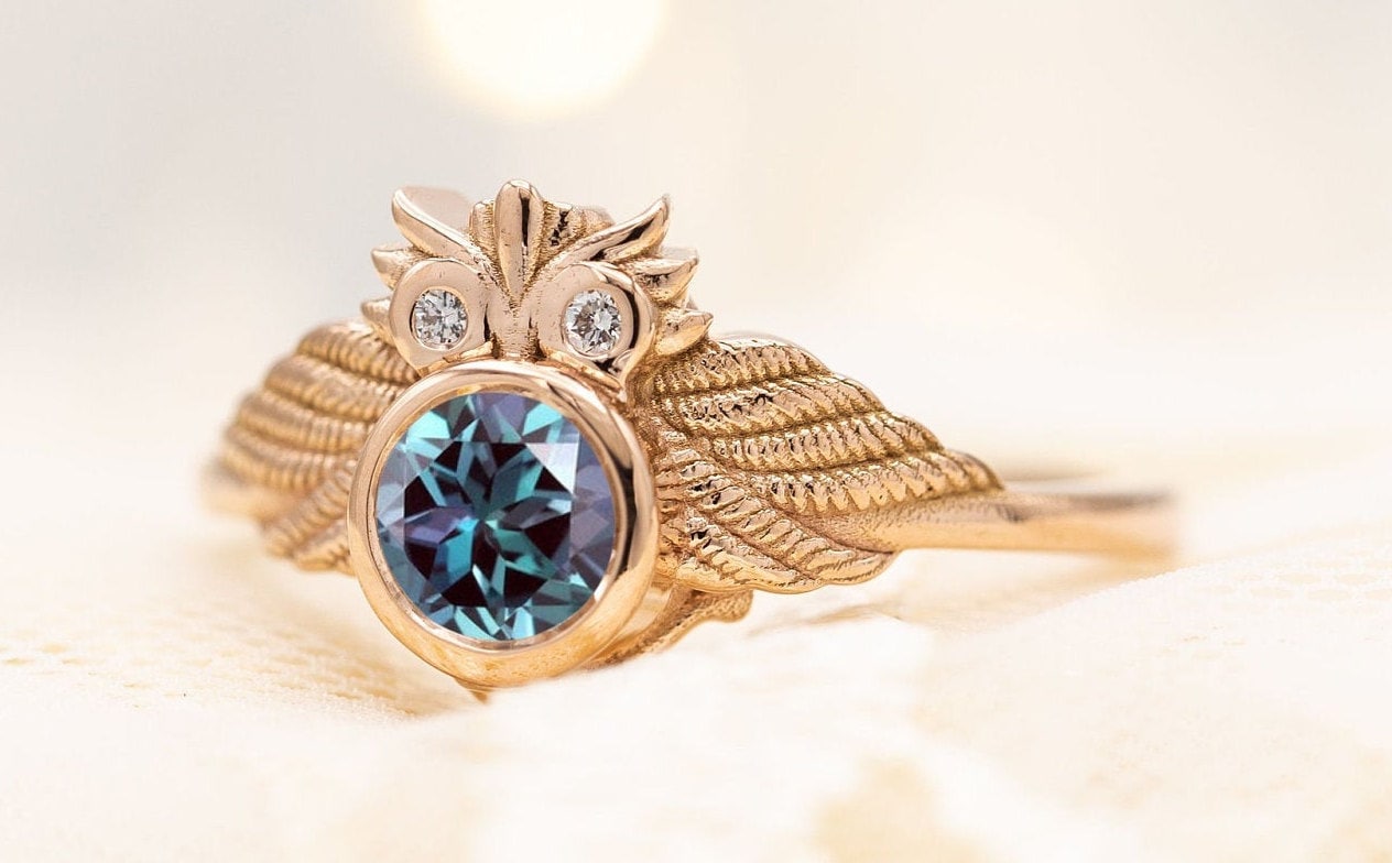 Vintage Owl Alexandrite Engagement Ring 14k Gold Art Deco Alexandrite Wedding Ring Antique Bridal An
