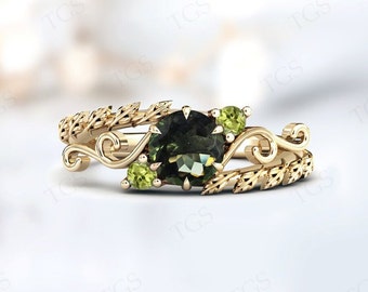 Art Deco Vine Leaf Moldavite Engagement Ring Vintage Moldavite Filigree Wedding Ring 14k Gold Moldavite Bridal Promise Ring Anniversary Gift