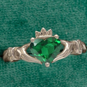 Heart Shaped Emerald Engagement Ring Emerald Claddagh Wedding Ring Antique Claddagh Bridal Promise Ring Unique Art Deco Anniversary Ring