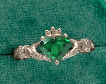 Heart Shaped Emerald Engagement Ring Emerald Claddagh Wedding Ring Antique Claddagh Bridal Promise Ring Unique Art Deco Anniversary Ring