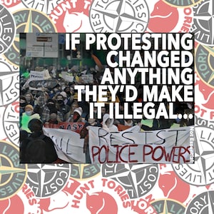 Puede incluir: Una multitud de personas protestando con carteles que dicen "Protest" y "ACAB". Los carteles se sostienen frente a una pancarta que dice "Resist Police Powers". La imagen está rodeada de un patrón de logotipos de zorros rojos y blancos con las palabras "Not Foxes" y "Hunt Tories" impresas en ellos.