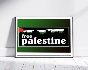 May include: A black and white poster with a green background. The poster features a silhouette of a city skyline with the Palestinian flag draped over it. The text "free palestine" is printed in white letters on a black background.