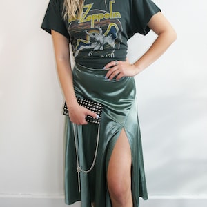 Sage Satin Midi Skirt with Slit Detail