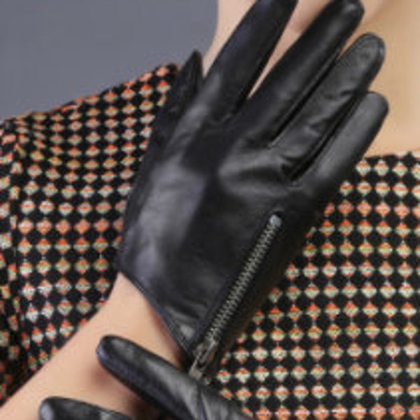 Genuine Black Leather Gloves with Chunky Zipper