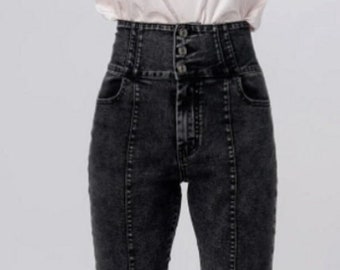 High Waisted Black Acid Wash Jeans