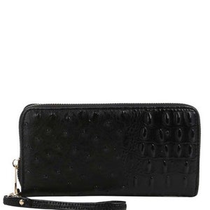 Cartera de mano negra de piel vegana con relieve de cocodrilo y cremallera