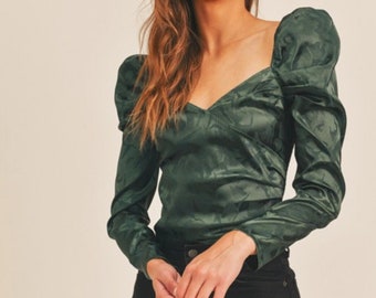 Satin Floral Jacquard Puff Shoulder Top in Forest Green