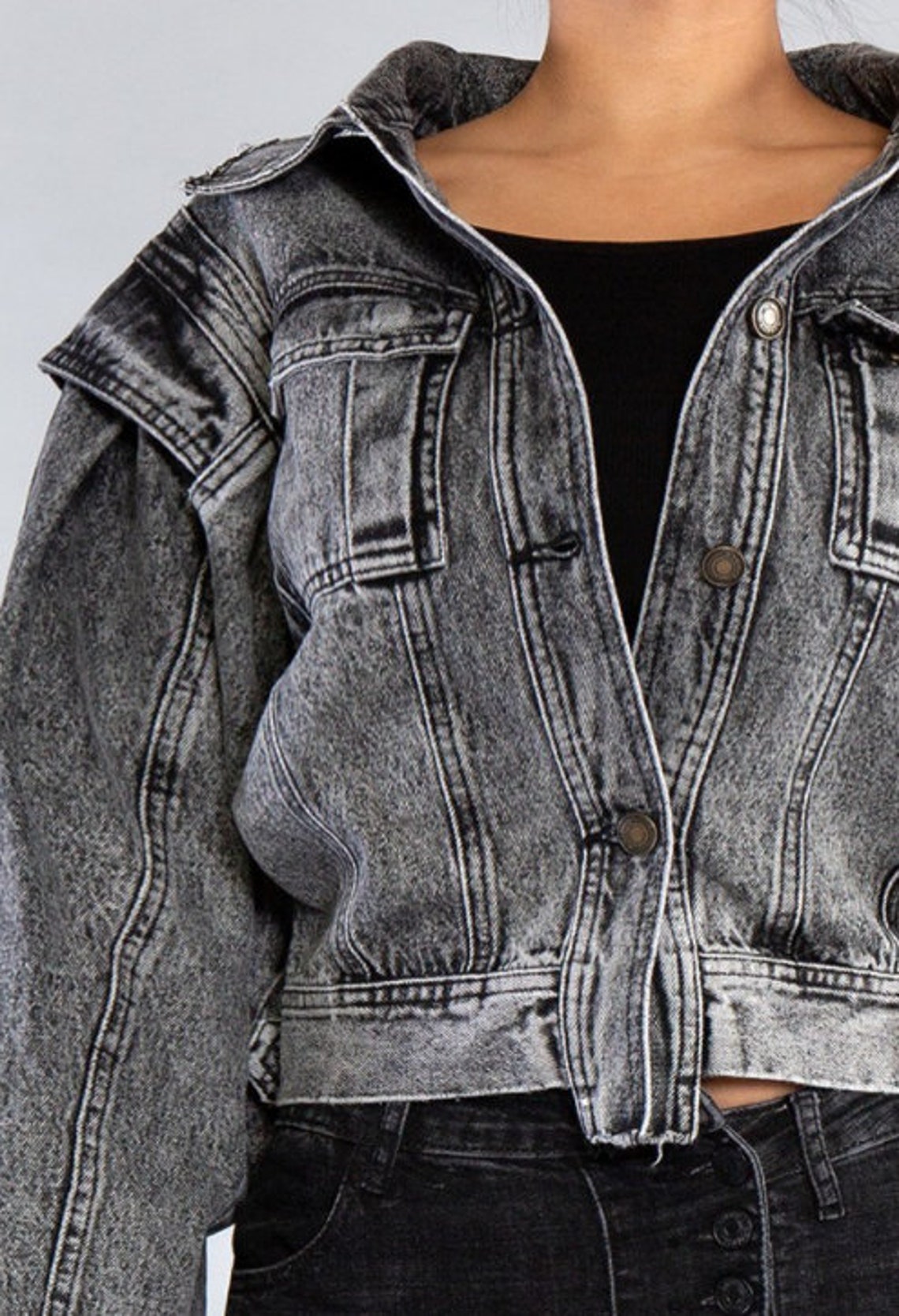 Black Acid Wash Denim Crop Jacket with Enhanced Shoulder Etsy