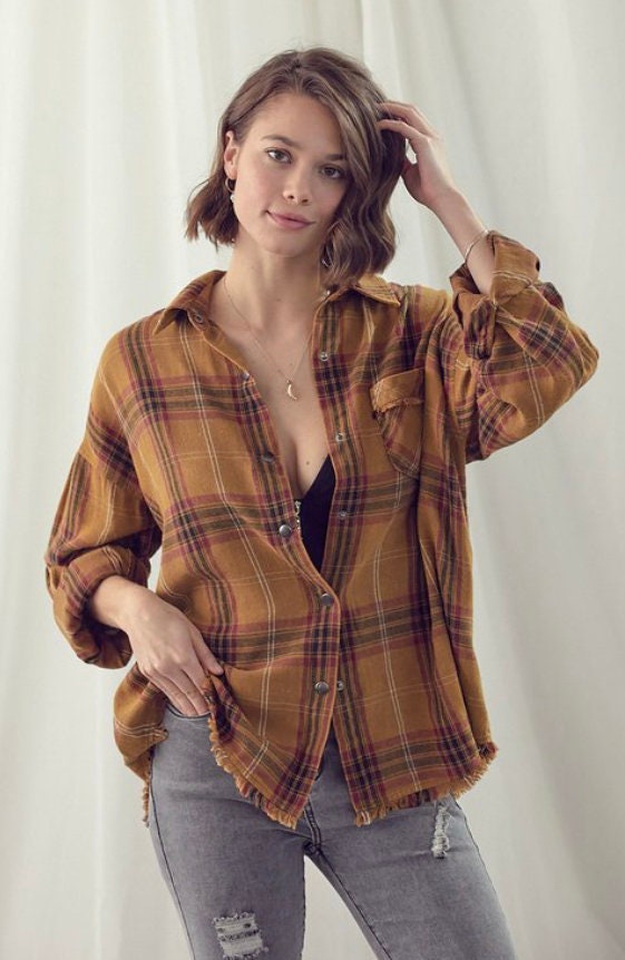 Frayed Plaid Button Down Shirt in Cigar - Etsy