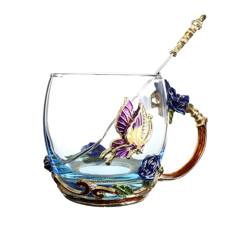 Blue Rose Enamel Crystal Cup Flower Tea Glass Highgrade Glass Etsy