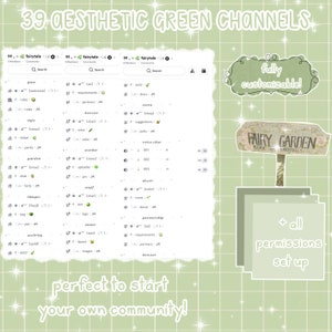 Op de afbeelding: Een groene en witte digitale illustratie van een Discord-server met 39 kanalen. De kanalen zijn gelabeld met namen zoals "welkom", "regels", "info", "chat", "bots", "afbeeldingen", "personeel", "eigenaar", "lay-out", "partners", "dagboek", "winkel", "suggesties", "peilingen", "spraakchat", "decor", "samenwerking", "advertentie", "vereisten", "kleur", "voordelen", "tuin", "intro", "eten", "logboeken", "wedden", "chat", "pictogrammen", "kleur", "aotd", "cond", "ticket", "rollen", "booster", "nieuws", "medewerker", "uploader", "pm", "personeel" en "aotd". De tekst "volledig aanpasbaar!" en "perfect om je eigen community te starten!" is ook in de afbeelding opgenomen. De afbeelding bevat ook een bord met de tekst "Fairy Garden Please Enter Carefully".