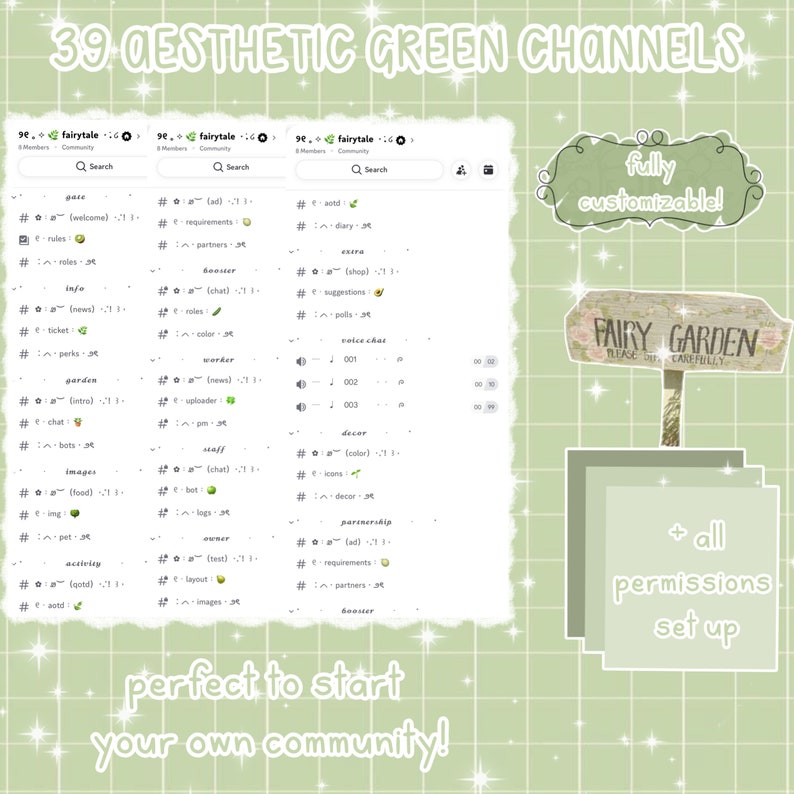 Op de afbeelding: Een groene en witte digitale illustratie van een Discord-server met 39 kanalen. De kanalen zijn gelabeld met namen zoals "welkom", "regels", "info", "chat", "bots", "afbeeldingen", "personeel", "eigenaar", "lay-out", "partners", "dagboek", "winkel", "suggesties", "peilingen", "spraakchat", "decor", "samenwerking", "advertentie", "vereisten", "kleur", "voordelen", "tuin", "intro", "eten", "logboeken", "wedden", "chat", "pictogrammen", "kleur", "aotd", "cond", "ticket", "rollen", "booster", "nieuws", "medewerker", "uploader", "pm", "personeel" en "aotd". De tekst "volledig aanpasbaar!" en "perfect om je eigen community te starten!" is ook in de afbeelding opgenomen. De afbeelding bevat ook een bord met de tekst "Fairy Garden Please Enter Carefully".