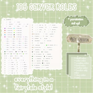 Op de afbeelding: Een groene en witte digitale illustratie van 105 serverrollen voor een Discord-server. De rollen zijn georganiseerd in categorie&euml;n, zoals stafrollen, kleurrollen, reactierol, levelrollen, werkrollen, booster-only rollen, shoprollen en meer. De illustratie is in een sprookjesstijl met een bord waarop 'Fairy Garden' staat en een groene achtergrond met witte sterren.