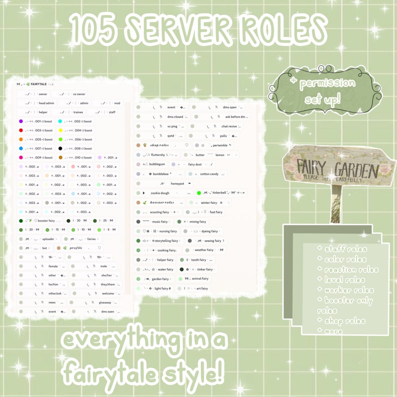 Op de afbeelding: Een groene en witte digitale illustratie van 105 serverrollen voor een Discord-server. De rollen zijn georganiseerd in categorie&euml;n, zoals stafrollen, kleurrollen, reactierol, levelrollen, werkrollen, booster-only rollen, shoprollen en meer. De illustratie is in een sprookjesstijl met een bord waarop 'Fairy Garden' staat en een groene achtergrond met witte sterren.