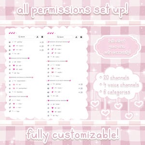 May include: A pink and white graphic with the text "all permissions set up!" and "fully customizable!". The image shows a mock-up of a chat interface with various channels and categories. The text "let's start your own cute community!" is also present.