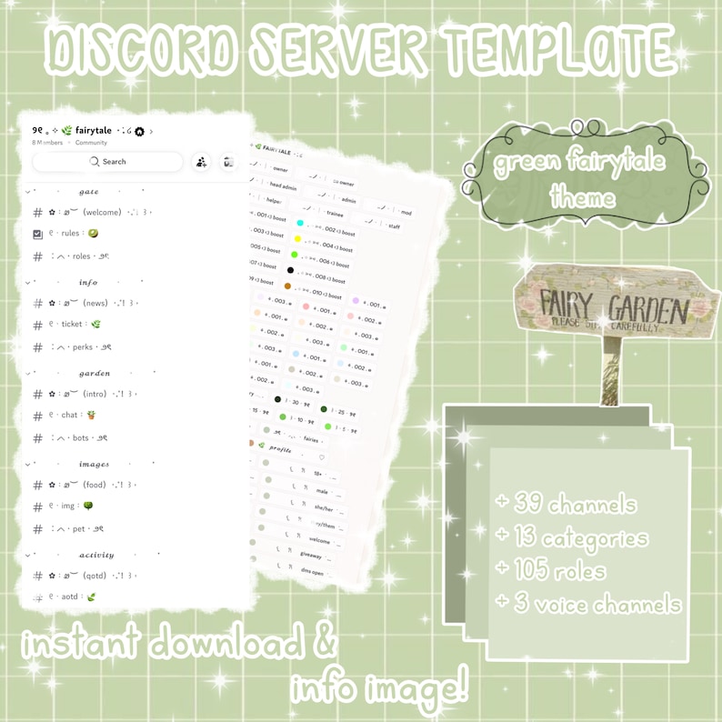 Op de afbeelding: Een groene en witte digitale sjabloon voor een Discord-server met de tekst "green fairytale theme" en "FAIRY GARDEN PLEASE ENTER CAREFULLY". De sjabloon bevat 39 kanalen, 13 categorie&euml;n, 105 rollen en 3 spraakkanalen.