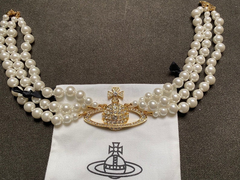 3 String Pearl Orb Choker Necklace Gold 