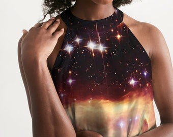 Sukienka Galaxy, sukienka damska z wiązaniem na szyi, prezenty astronomiczne, sukienka naukowa, sukienka kosmiczna, prezent wszechświat, prezent mgławica, prezenty astronomiczne, Carl Sagan.