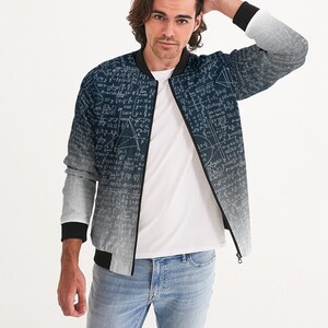 May include: A black bomber jacket with a white gradient fade. The jacket is covered in a pattern of mathematical equations and symbols.