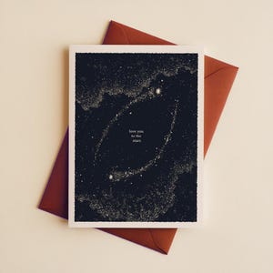 Tarjeta de amor cósmico para tu pareja / Tarjeta de aniversario con constelación de cielo nocturno dibujada a mano / Regalo de luna y estrellas para amigos
