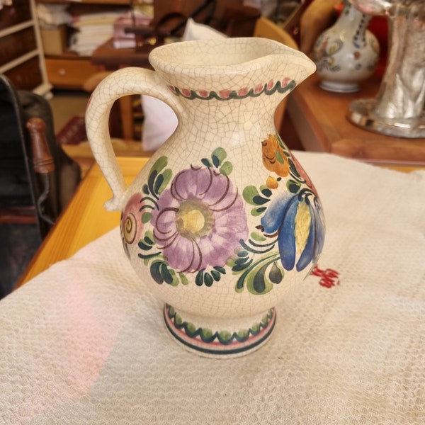 Wunderschöne, handbemalte Vase Kanne Krug Blumen Krakelee  Henkel Landhaus Vintage 40er Jahre