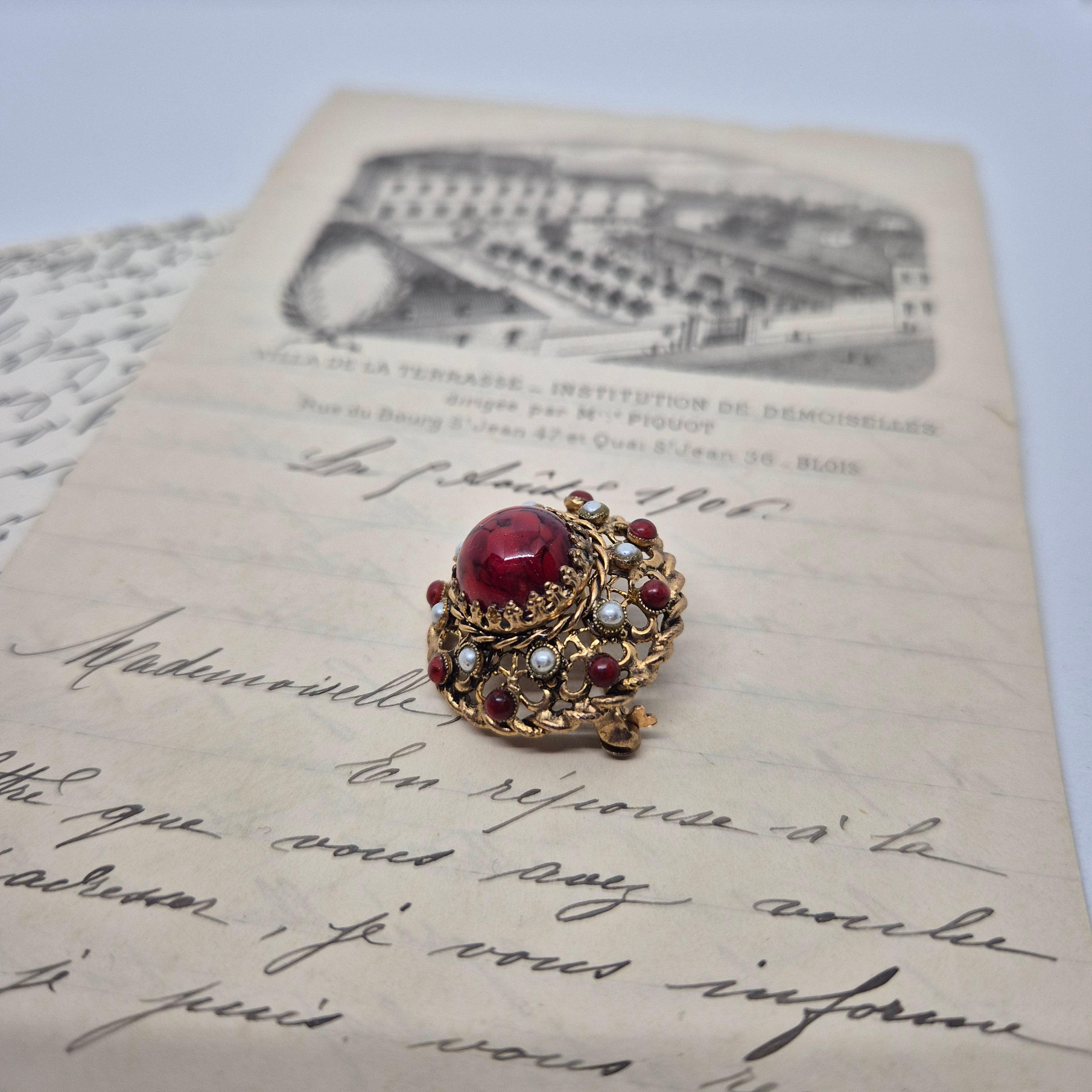 Broche Art Déco Vintage Années 50 - Fleurs Et Perles Rouges, Métal Doré - Bijou Ancien Occasion