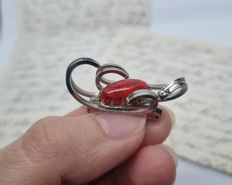 Unique vintage brooch antique 50s style Art Nouveau silver red