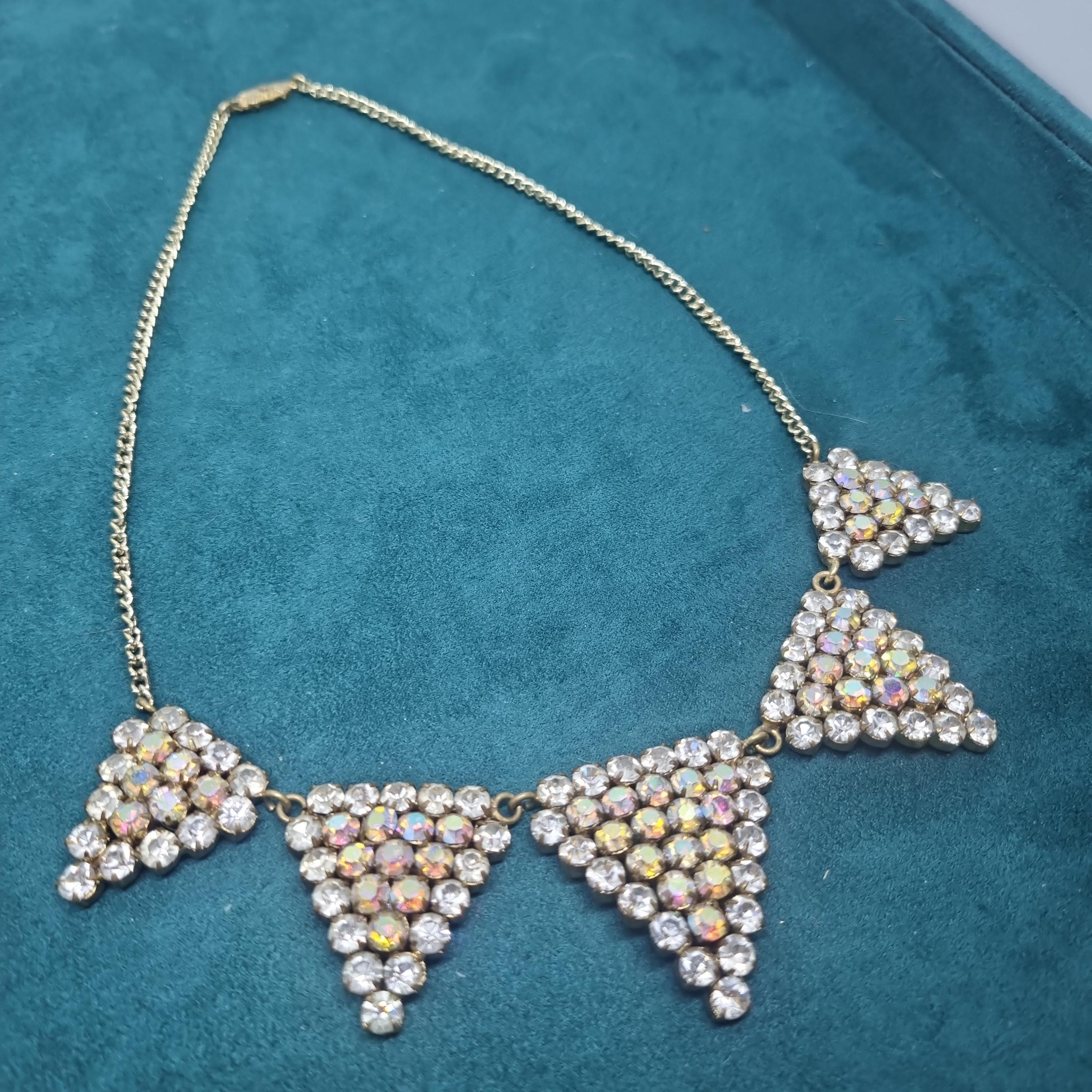 Collier Strass Vintage Argenté - Métal Argenté Avec Zircon - Ancien Et En Très Bon état