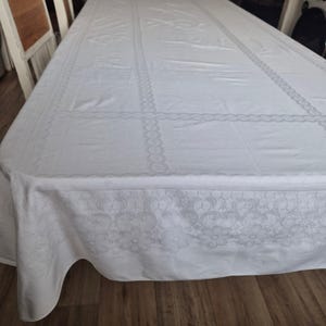 Vintage Tischdecke weiß 120x 265cm Damast weiß