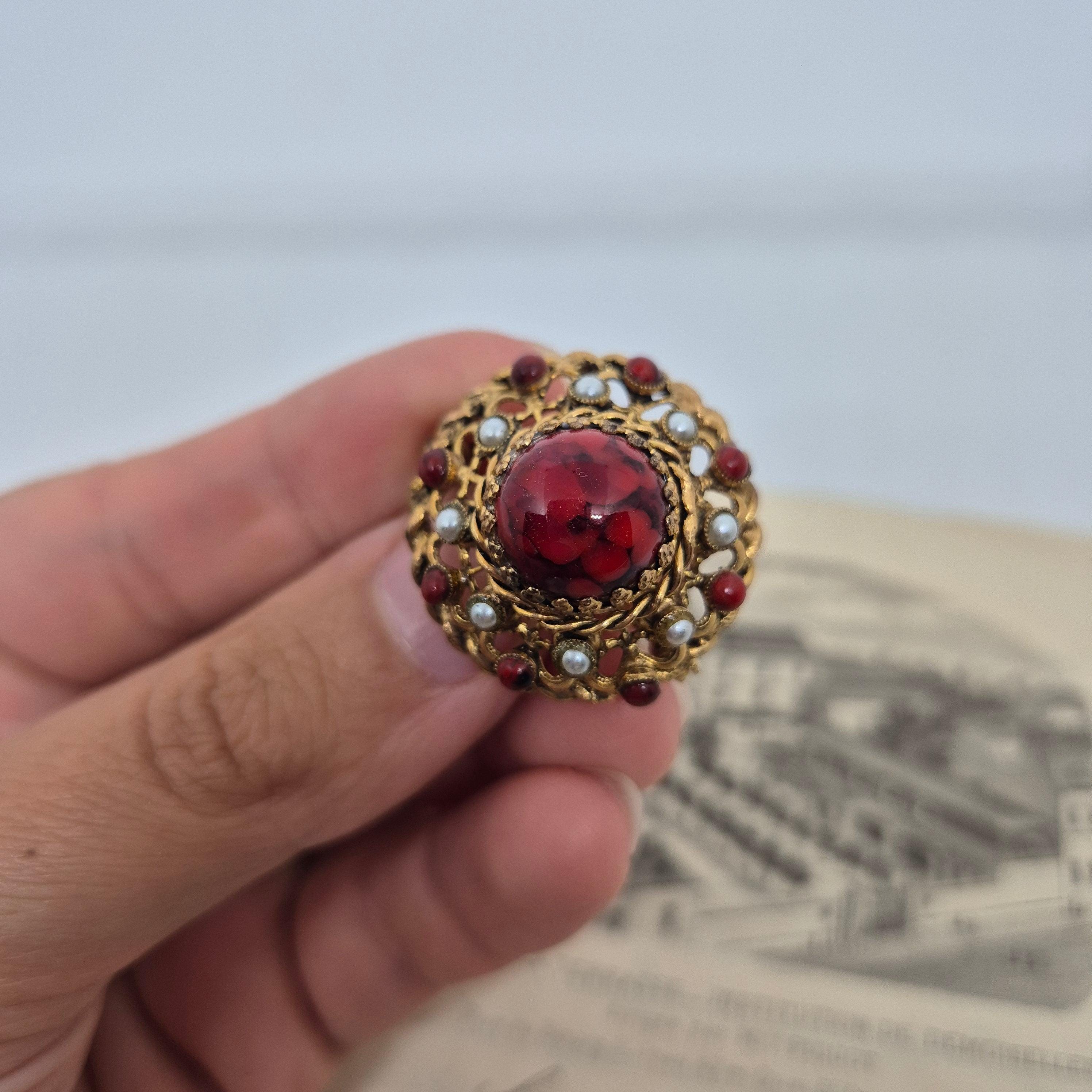 Broche Art Déco Années 50 - Fleurs Perles Rouges, Métal Doré - Occasion, Bijou Vintage