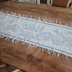 Könnte beinhalten: Ein weiß-blauer Vintage-Tischläufer mit detaillierten Illustrationen von Figuren und floralen Mustern. Der Läufer hat einen Fransenrand und wird auf einem Holztisch präsentiert. Das Design ist blau, mit einem hellblauen Rand.