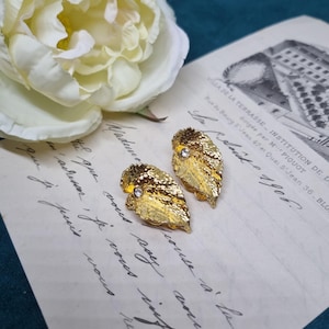 Vintage ear clips 50s massive runway earrings / Made in West Germany statement clips gold rhinestone leaf