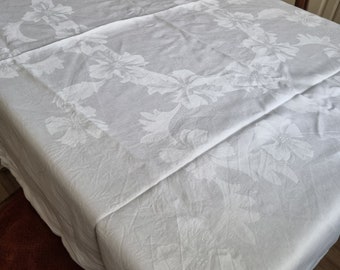 Antike Jugendstil Handgemachte Damast Baumwolle Tischdecke Weiß 135x170cm Vintage Landhaus French