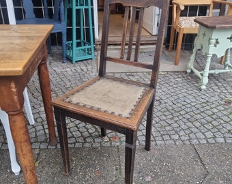 Antiker Jugendstil Stuhl Eichenholz Küchenstuhl mit Ledersitz  braun
