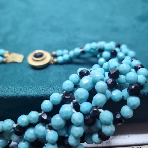 Collier Ancien En Perles Bleues, Style Années 70 - Occasion