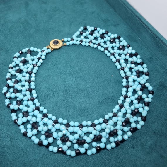 Collier Ancien Perles Bleues En Pierre - Style Années 70 - Occasion