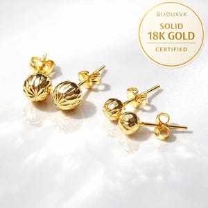 18k Solid Yellow Gold (750/1000) Fluted/Chiseled Ball Stud Earrings – 4mm, 5mm or 6mm – Gift Box & Bag