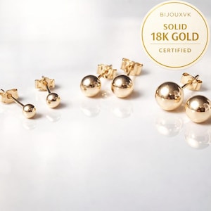 18k solid yellow gold (750/1000) ball stud earrings – diameters 3 to 8 mm – Gift box & pouch