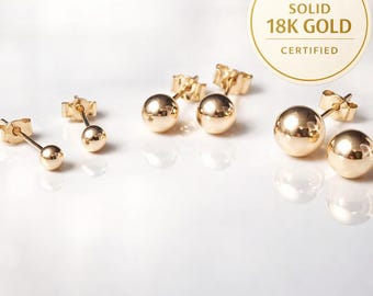 18k solid yellow gold (750/1000) ball stud earrings – diameters 3 to 8 mm – Gift box & pouch