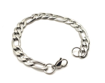 Gourmette/bracelet en acier inoxydable maille Figaro - 8 mm - hypoallergénique - plusieurs longueurs - argentée - 20,5 cm - 8 pouces