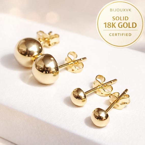 Boucles d’oreilles puces demi-boules en or jaune massif 18 carats 750/1000 (18K) – diamètres 3 à 8 mm – Écrin & sachet cadeau