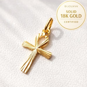 Colgante de cruz egipcia Ankh en oro amarillo macizo de 18 quilates (750/1000), símbolo de vida, para mujeres, hombres y niños. Estuche y bolsa de regalo.