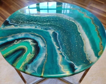 Emerald gold resin table. Green coffee table. Epoxy Table is Geode art. Console. Live edge table.